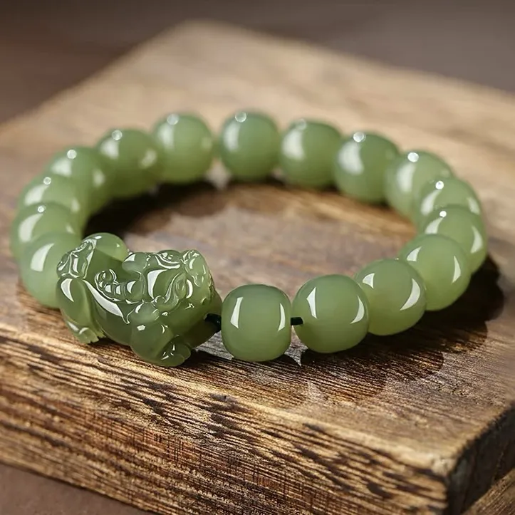 天然和田玉招财貔貅手串男女湖水绿和田玉手串皮丘老型珠玉石手链