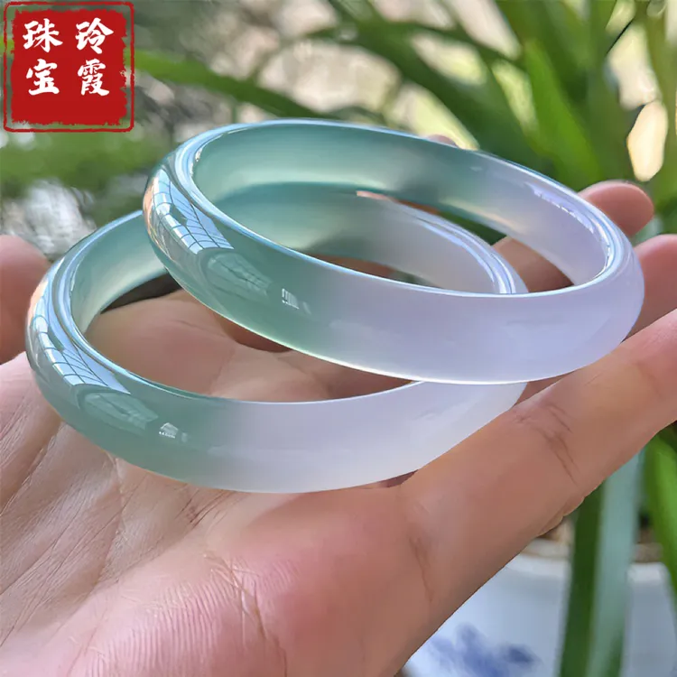 天然半山半水玛瑙远山黛手镯天青色玉髓镯子平安镯冰透保真正品