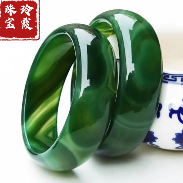 天然水草玛瑙手镯加宽加厚草绿玉髓镯子女玉石多样性发货拍一发一
