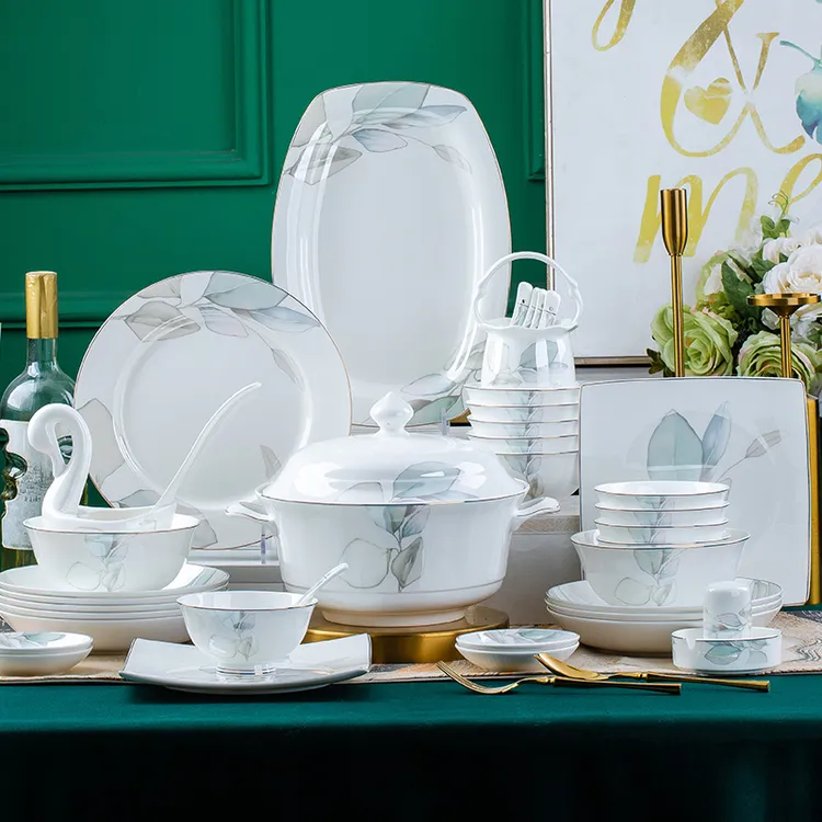 腾河方形春之意70头景德镇高档骨瓷餐具家用碗碟套装乔迁新居送礼