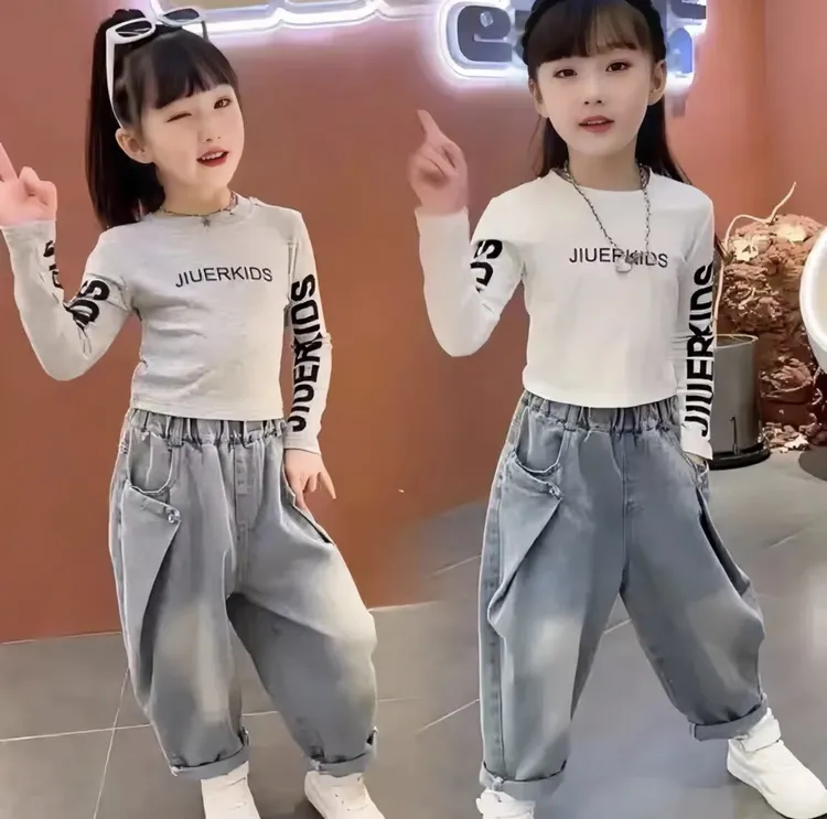 女童春秋牛仔裤洋气字母打底衫套装2025新款春季中大童百搭长裤子
