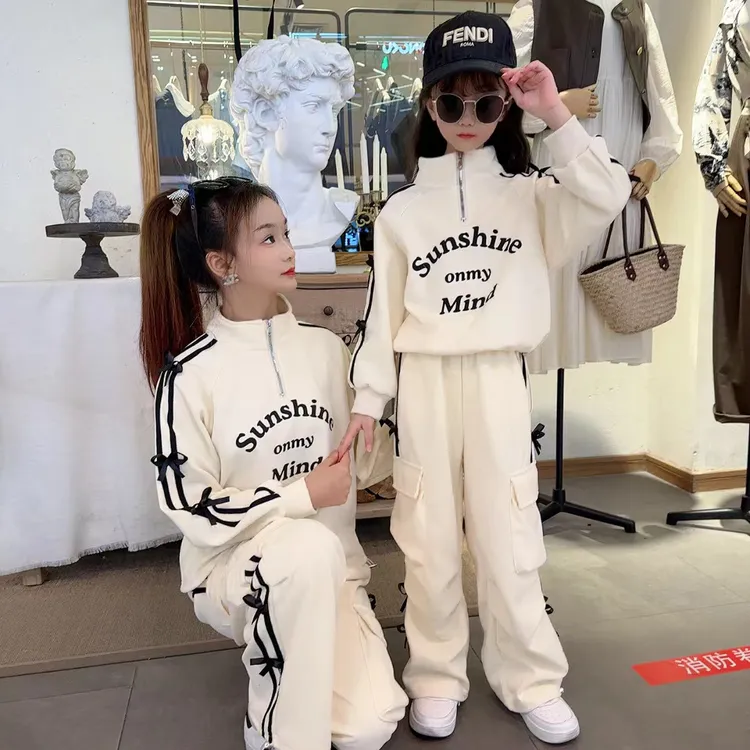 女童春秋款套装2025新款中大童潮酷穿搭韩系蝴蝶结工装风运动套装