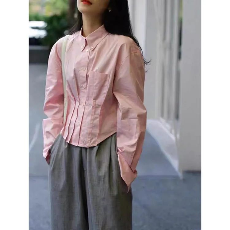 2023年新款女法式温柔上衣早秋慵懒风polo衫粉色压褶短款衬衫百搭