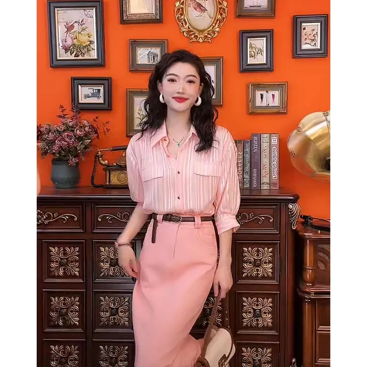 欧货复古条纹宽松显瘦长袖衬衫女2025夏季港风设计感洋气百搭上衣