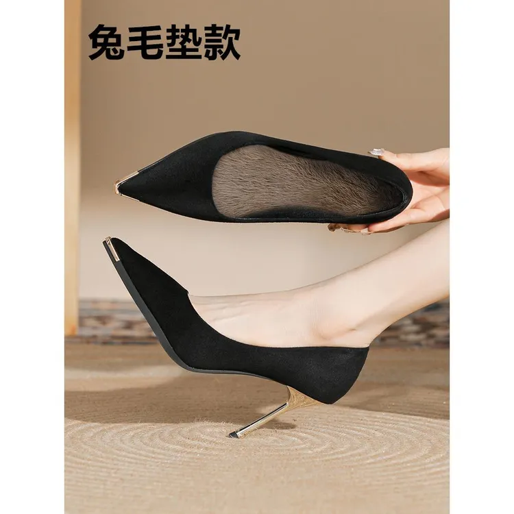 配裙子单鞋黑色尖头高跟鞋女细跟2024年春秋季新款气质职业