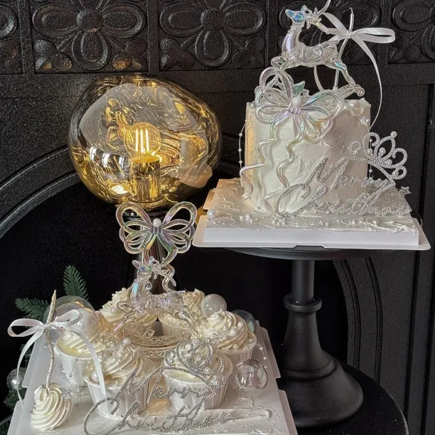 抱抱酱圣诞麋鹿透明幻彩蝴蝶结蛋糕装饰烘焙配件