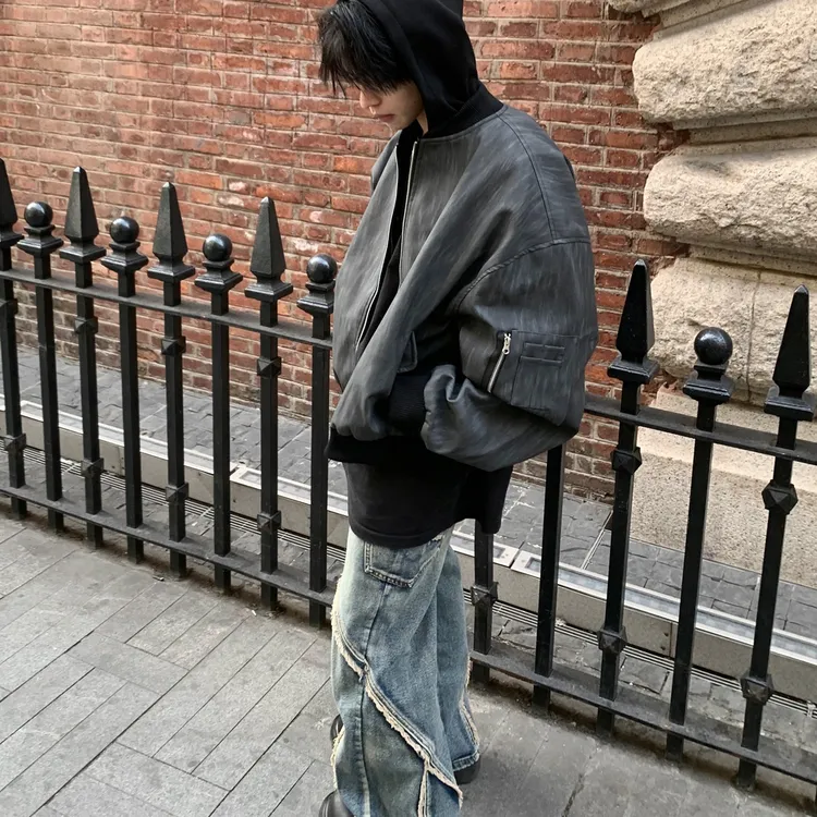 【奥特曼推荐】春秋假两件皮衣外套男连帽做旧美式高街日系复古夹克
