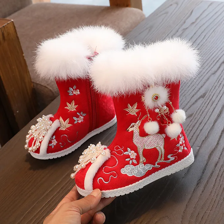 汉服鞋冬季加绒女童古风公主鞋中国风儿童绣花鞋古装靴子宝宝棉鞋
