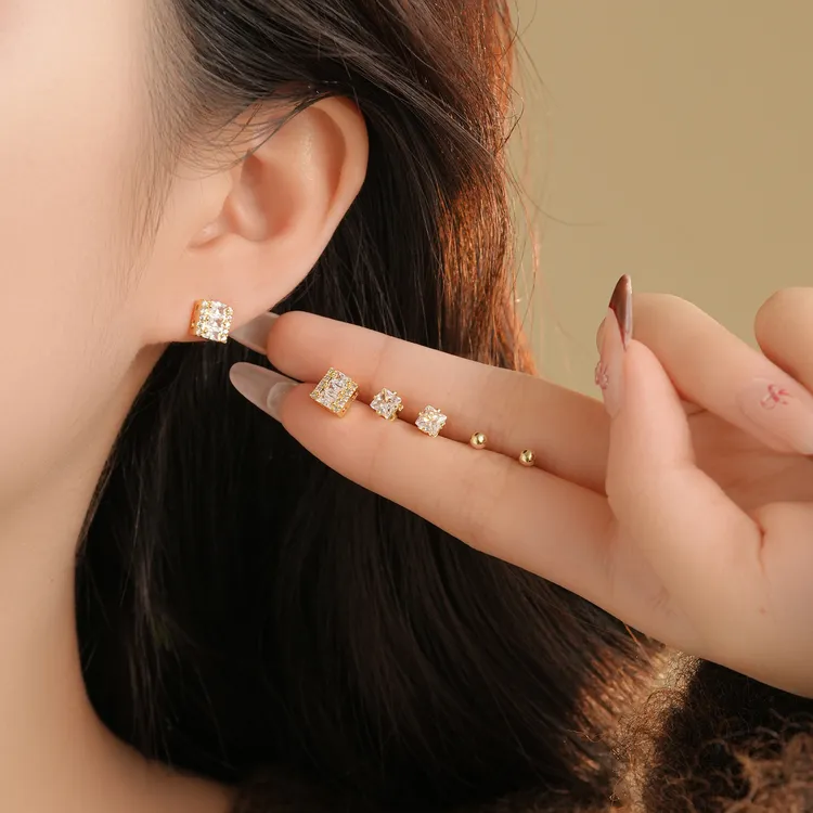 925银耳饰 925银针小方糖锆石耳钉日韩精致气质迷你轻奢百搭小众