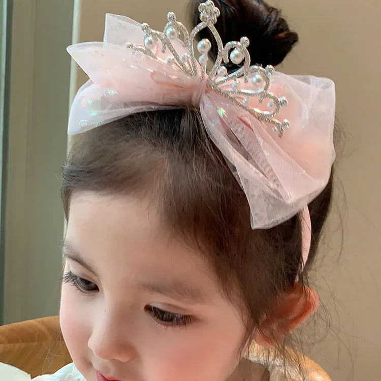 C38儿童珍珠皇冠头饰可爱小女孩蝴蝶结发箍宝宝王冠头箍女童发饰