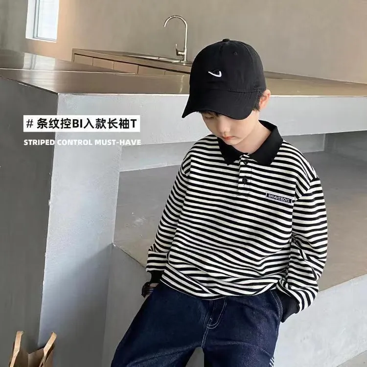 儿童秋季长袖POLO衫黑白条纹韩版上衣男童女童打底中大童