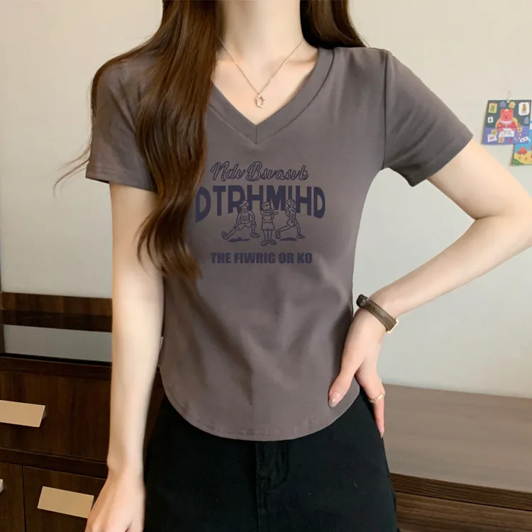 纯欲风辣妹洋气减龄纯棉修身显瘦短袖T恤女士夏季韩版简约V领上衣