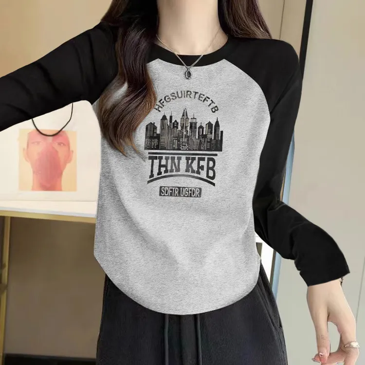 大码胖mm撞色拼接长袖T恤女学生早秋新款修身显瘦打底衫内搭上衣