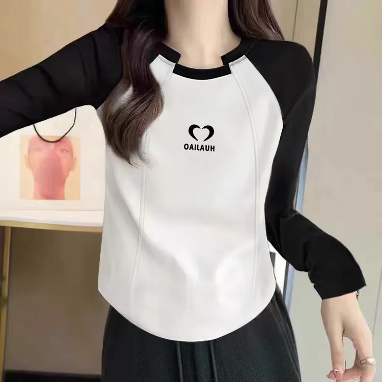 大码胖mm正肩长袖印花T恤女学生春秋季修身显瘦打底衫插肩袖内搭