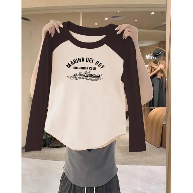 大码胖mm正肩圆领T恤女早秋款撞色插肩袖修身打底衫内搭上衣