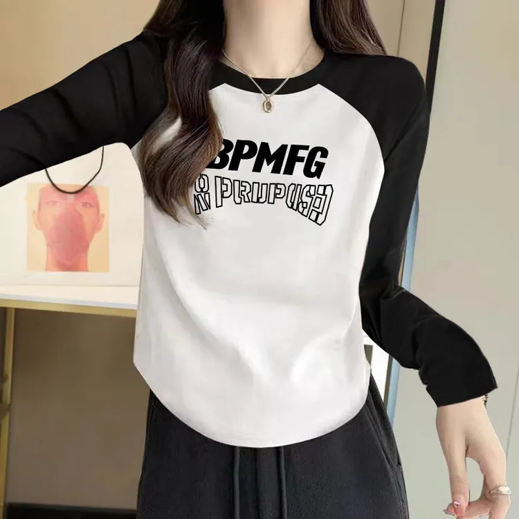 撞色插肩袖印花T恤女学生春秋新款叠穿卫衣修身显瘦打底衫内搭ins