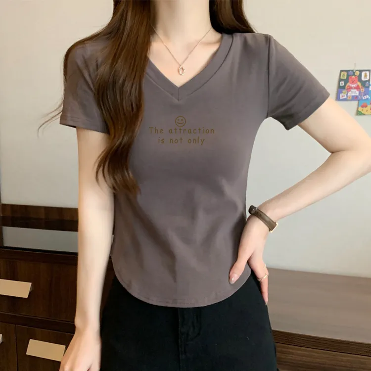 设计感圆弧下摆修身显瘦短袖印花T恤女士夏季洋气减龄纯棉V领上衣
