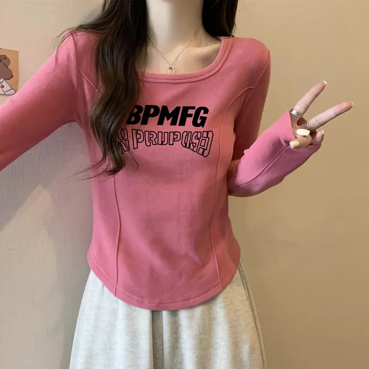 大码胖mm圆领印花长袖打底衫内搭女学生春秋新款韩版修身显瘦T恤