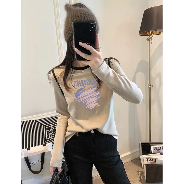 大码胖mm双面德绒保暖长袖T恤女士秋冬纯欲风辣妹印花打底衫内搭