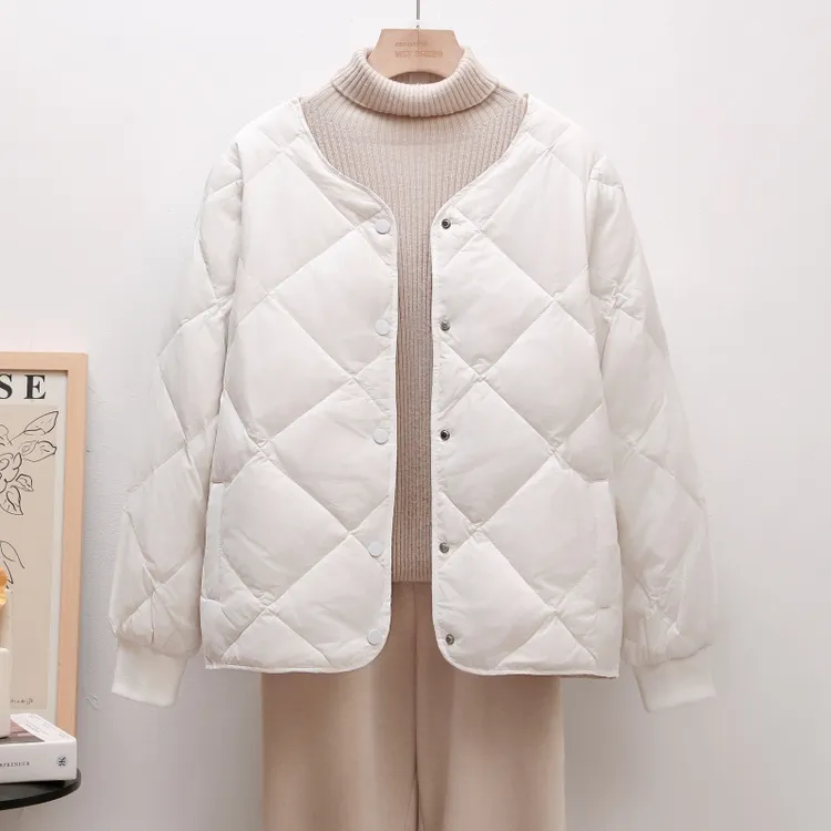薄款羽绒服女轻薄冬季2024内胆菱格无领白鸭绒韩版小个子短款外套