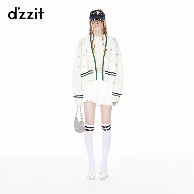 dzzit地素针织衫春秋钉钻设计边缘撞色绞花开衫女雅丹风3I1E517