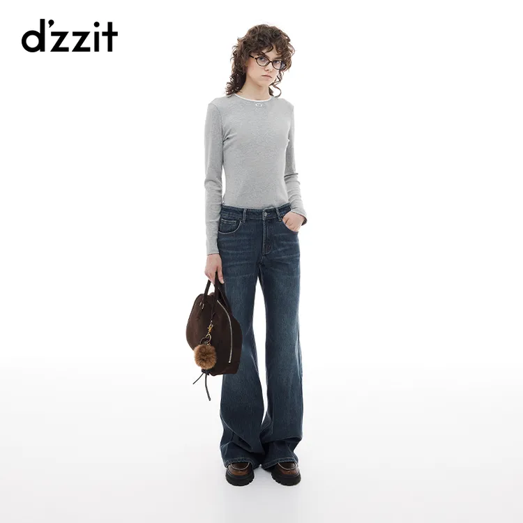 dzzit地素长袖T恤冬季时髦浅灰色花边修身打底上衣女3I4B513