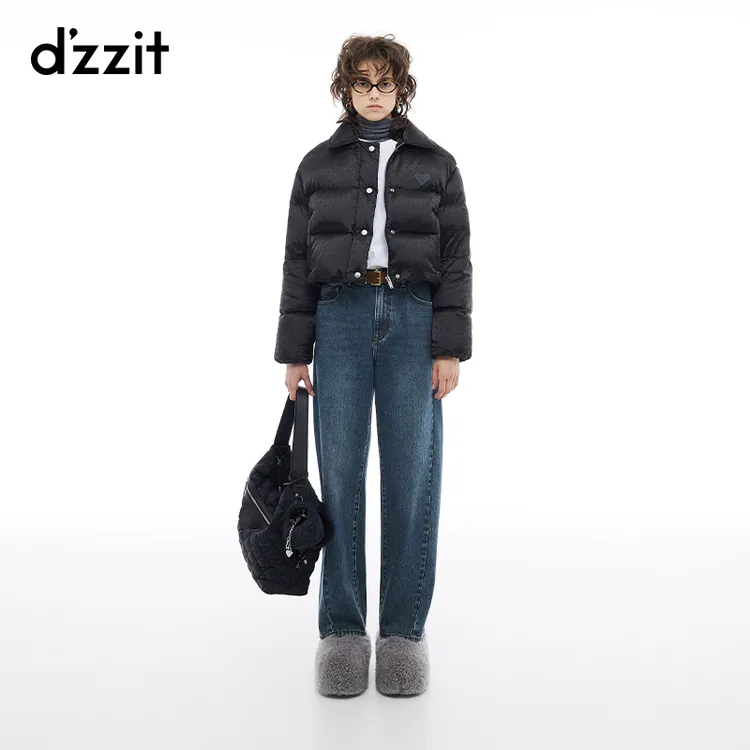 dzzit地素羽绒服冬季摩登暗纹珠光提花翻领短外套女3I4K221