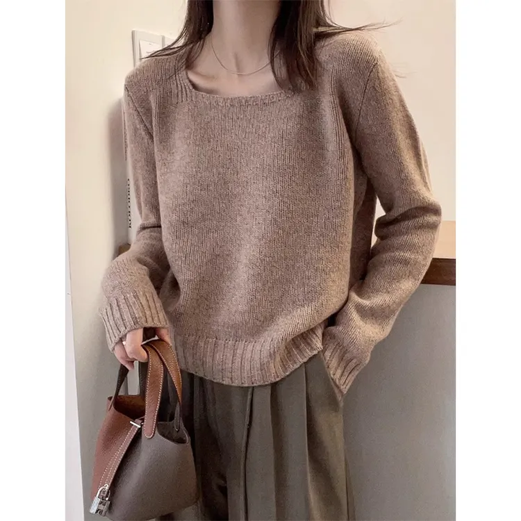 大码微胖妹妹方领软糯针织衫女秋季新款简约百搭休闲宽松显瘦上衣