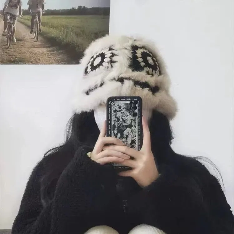 秋冬国潮醒狮帽保暖百搭兔毛针织毛绒帽女秋冬可爱毛茸茸百搭盆帽