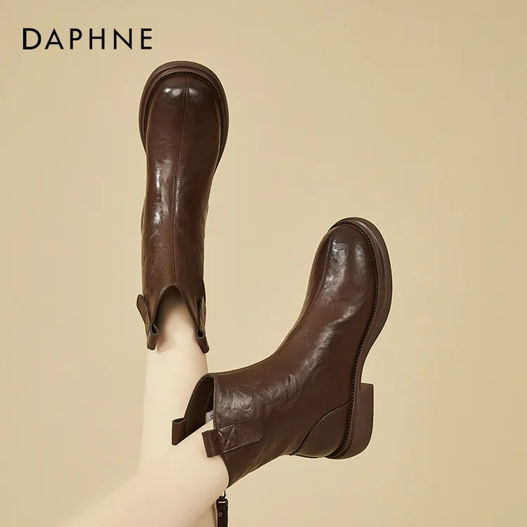 达芙妮马丁靴女2024新款冬季加绒保暖瘦瘦短靴v口厚底切尔西皮靴