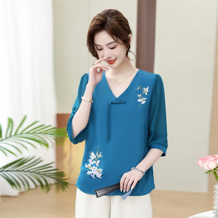 妈妈夏装2024新款新中式上衣短袖小衫中老年女装夏季母亲节t恤薄