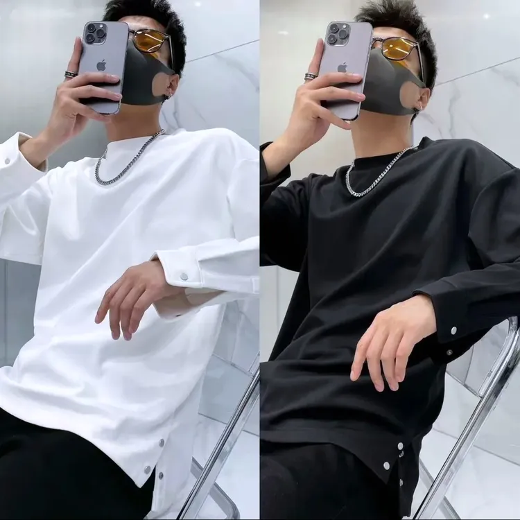 春秋男士白色百搭T恤衫纯棉宽松款手袖钢扣下摆开叉韩版打底衫ins