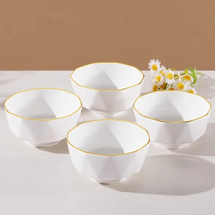 【铭策优品】金边百合4.5英寸10只北欧轻奢风创意陶瓷纯白米饭碗