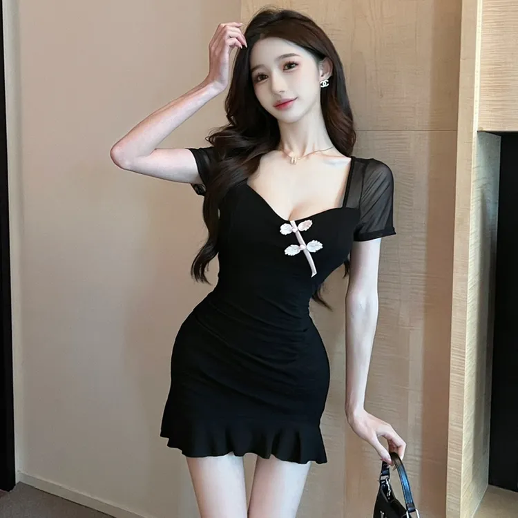 夏季新中式女装性感V领盘扣网纱拼接打底包臀裙子黑色短袖连衣裙