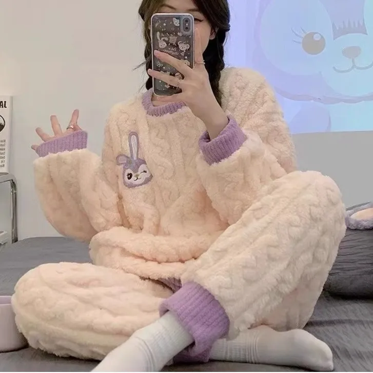 睡衣女秋冬季长袖长裤甜美可爱圆领提花绒保暖加绒卡通家居服套装