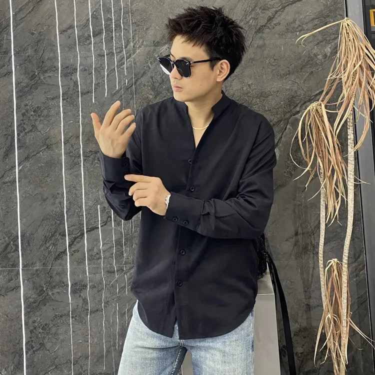 秋季V领立领垂感修身长袖衬衫休闲百搭韩版高级感痞帅衬衣黑衬衫