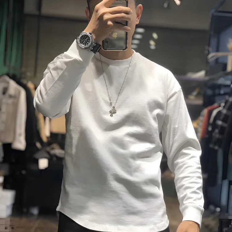 强烈推荐简约百搭舒适圆领长袖纯色T恤时尚日常纯棉打底衫