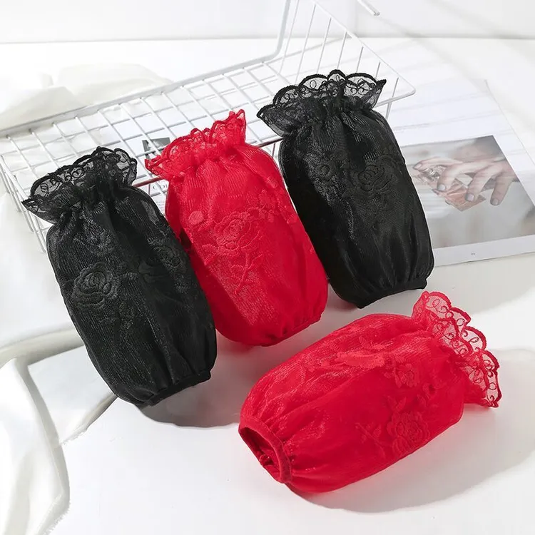 大红色黑色蕾丝袖套女士秋冬季纯色百搭网纱纯色白色羽绒服护袖头