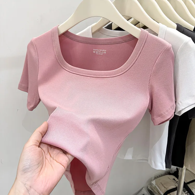 螺纹正肩短袖t恤女夏季新款高腰方领多巴胺洋气夏日出行百搭上衣