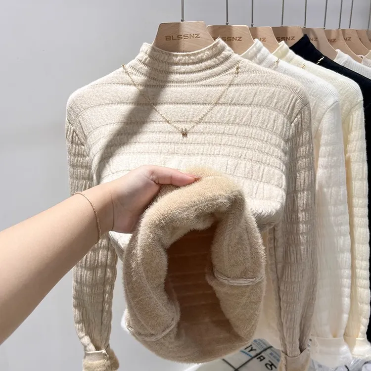 设计感一体毛衣女内搭秋冬新款纯色洋气半高领加绒针织打底衫女潮