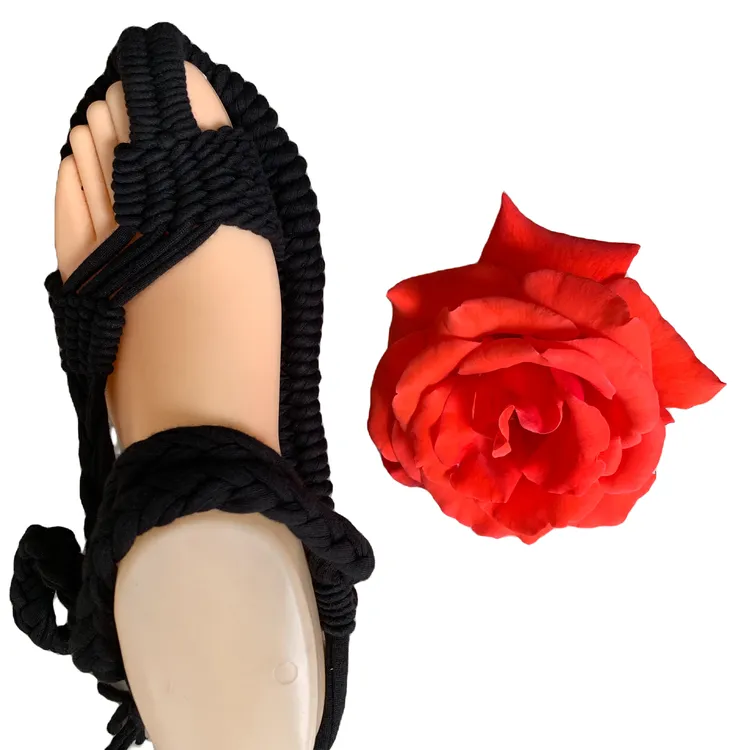 全黑色纯手工编织布草鞋男女休闲透气防滑平底流行凉鞋布草鞋时尚