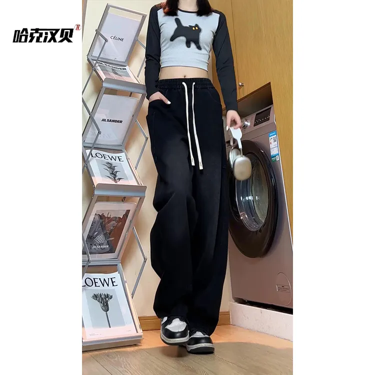 美式弯刀复古牛仔裤男女款秋冬季潮牌宽松直筒阔腿大码工装长裤子