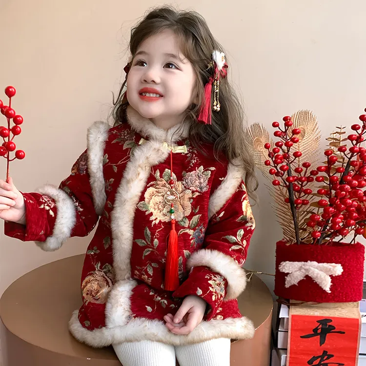 女童加绒加厚拜年服2024新款冬季女孩中国风保暖旗袍裙女宝宝冬装