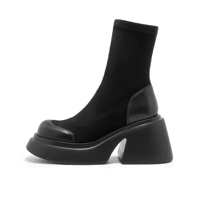 高跟短靴女2024秋冬新款粗跟厚底马丁靴套筒气质弹力瘦瘦靴时尚