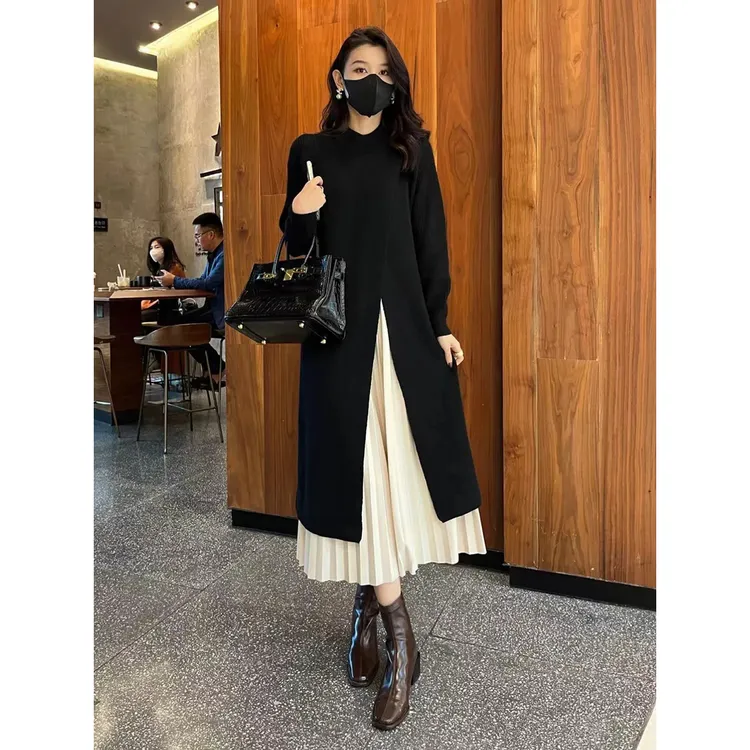 设计感圆领针织毛衣开叉连衣裙女外套春秋新款百褶伞裙半身裙女冬