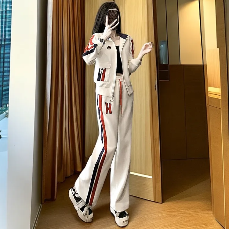 春秋季拼色卫衣直筒裤两件套2025新款潮牌欧货白色休闲运动套装女