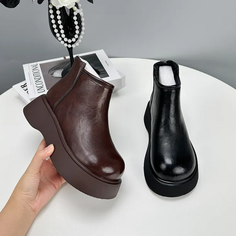 欧货增高厚底炸街小短靴女2025年冬季新款低帮加绒舒适保暖马丁靴