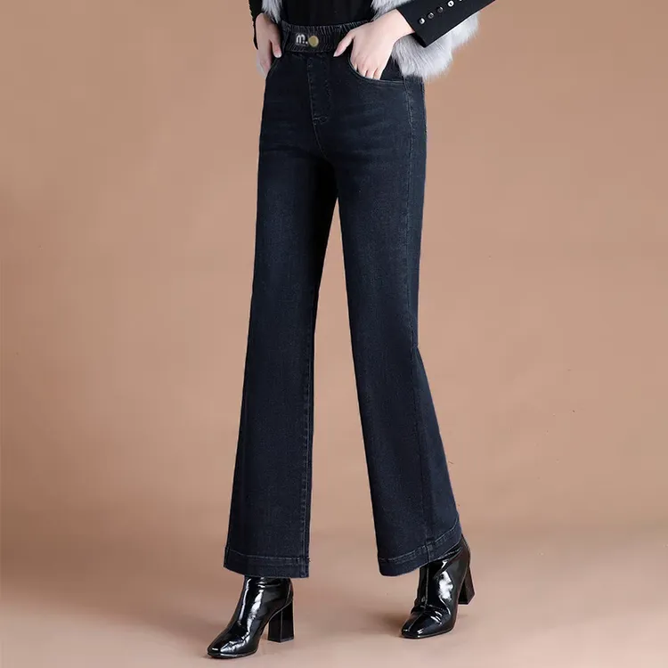 松紧腰直筒九分裤春秋新款高腰大码阔腿牛仔裤显瘦时尚外穿中年裤