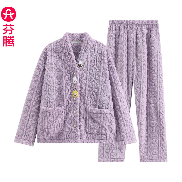芬腾睡衣女秋冬季珊瑚绒加厚加绒套装冬季女款保暖开衫大码家居服
