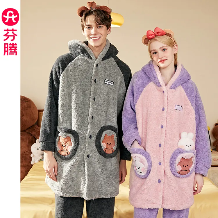 芬腾睡衣情侣珊瑚绒女秋冬款加厚加绒保暖连帽男可外穿家居服套装
